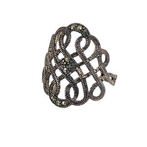 Sterling Silver Art Deco Style Ring With Intricate Swirl Design and Marcasite
